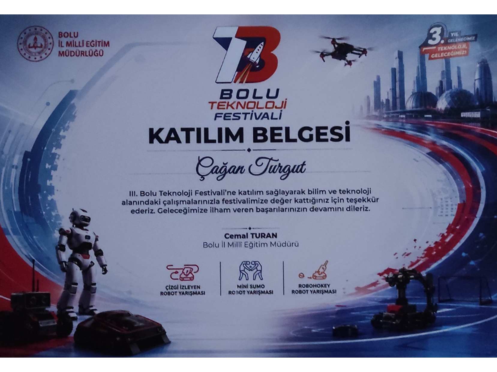III. Bolu Teknoloji Festivali katılım belgesi — Çağan Turgut, Bolu İl Millî Eğitim Müdürlüğü