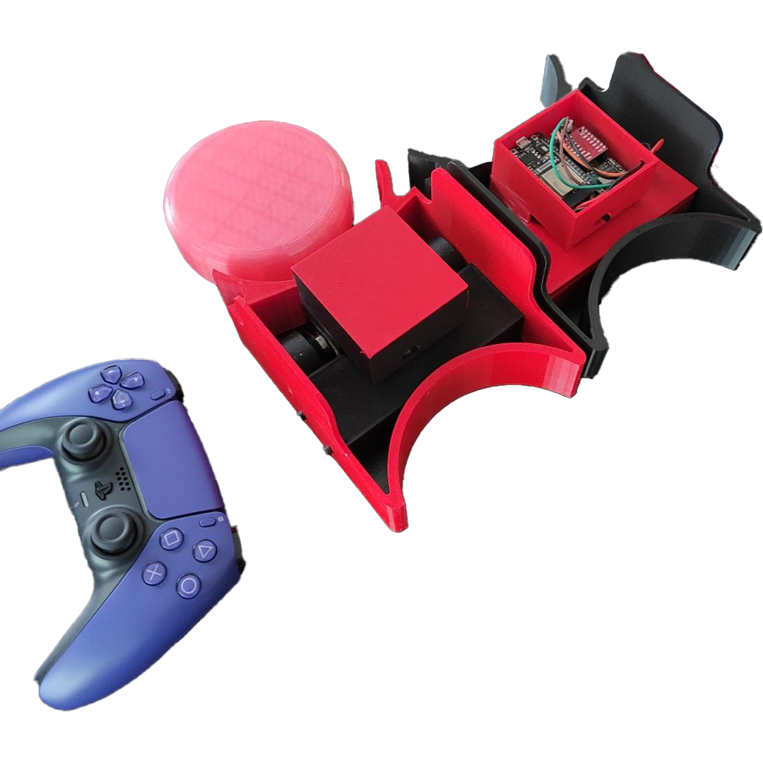 RoboHokey kategorisinde birinci olan robot ve onu kontrol eden PS5 DualSense kumandası