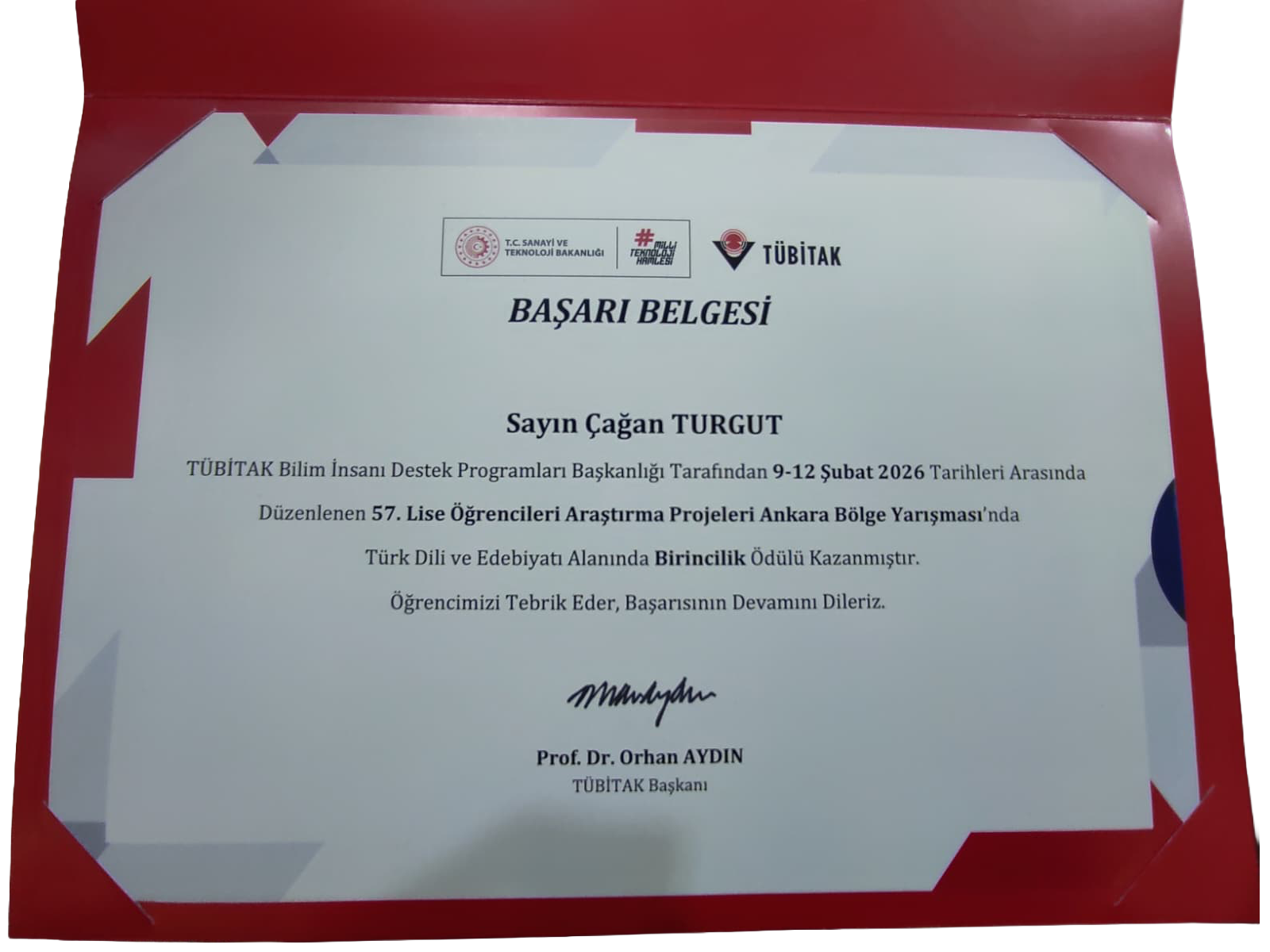 TÜBİTAK Ankara Bölge Birinciliği başarı belgesi — Çağan TURGUT