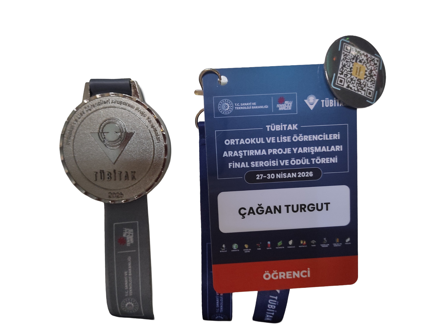 TÜBİTAK Türkiye finali madalyası ve Çağan TURGUT adına düzenlenmiş öğrenci katılım kartı